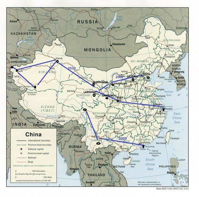 Carte de Chine : 3 Itinéraires différents entre 2007, 2009 et 2012